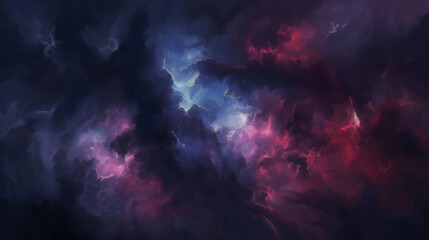 Fototapeta premium Background of Renaissance Dark Stormy Cloud Painting: Deep Blue, Magenta, Fuchsia, Pink in Chiaroscuro Style