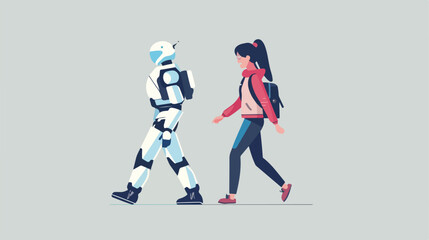 Human and android walking together flat vector illustration