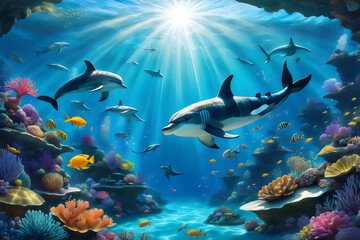 a painting of sharks and other fish in a tank with the sun shining through the water.