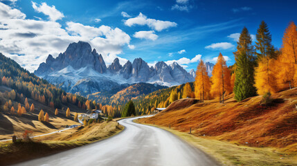 Road in mountains at sunny day in golden autumn