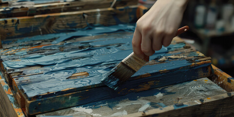 Repainting old furniture. A hand with a brush paints paint on wooden furniture.