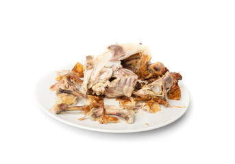 Chicken Leftovers, Unfinished Grilled Chicken on Dirty Plate Isolated, Meat Pieces and Bones