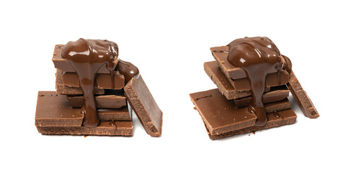 Broken chocolate bar stack, isolated. Milk chocolate square pieces, melted cubes, small bloks pile, choco
