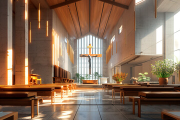 A church with a cross on the altar and potted plants in the foreground - Powered by Adobe