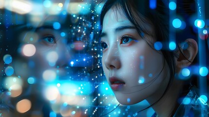 Futuristic Girl Viewing Holographic Display on Face with Digital and Technological Background