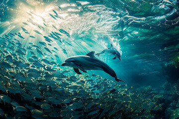 Obraz premium Two dolphins swimming in a school of fish