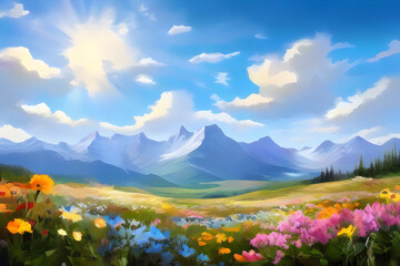 Obraz premium a painting of mountains and a field of flowers with the sun shining through the clouds.