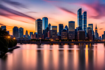 a city skyline with a colorful sunset in the background.
