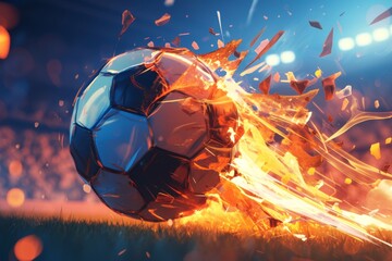 Intense explosion of soccer ball at dusk game