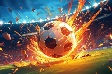 Impactful explosion of soccer ball on field evening lights