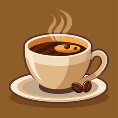 Obraz premium A cup of coffee on a saucer with coffee beans beside it