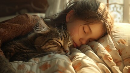 Young girl with cute cat sleeping in bed