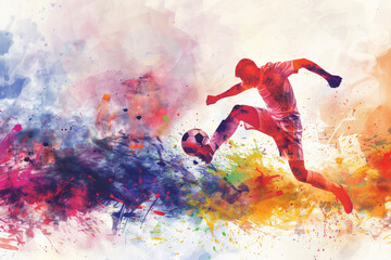 Footballer kicking ball in explosive colorful abstract composition