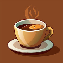 On a saucer, a cup of coffee releases steam, filled favorite Java coffee blend
