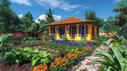 Modern Capsule House in New Orleans Creole Style Surrounded by a Vibrant Spicy Vegetable Garden