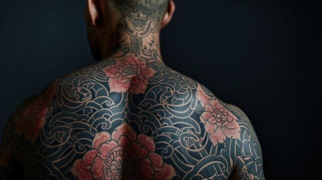 Muscular man with tattoo on back against of black background