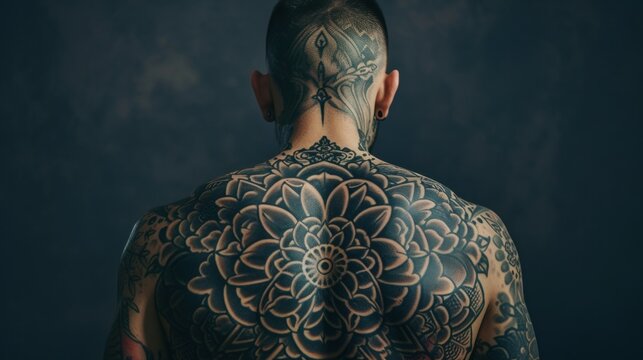 Muscular man with tattoo on back against of black background