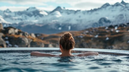 Fototapeta premium Portrait of young carefree happy woman relaxing at hot tub during enjoying happy traveling moment vacation