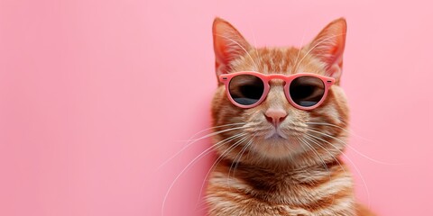 Closeup portrait of funny ginger cat wearing sunglasses isolated on pink. Copyspace.