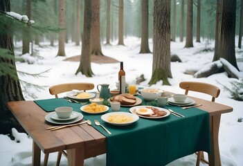 Fototapeta premium Romantic realistic breakfast in the open snow also snowy mountain view with food and camping in nature, hotel without people