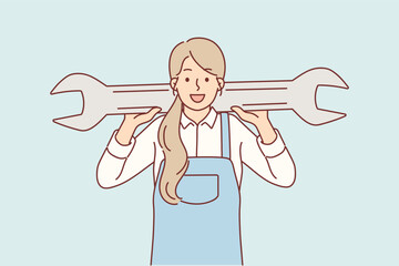 Woman mechanic holds giant wrench, providing services to repair car after engine breakdown