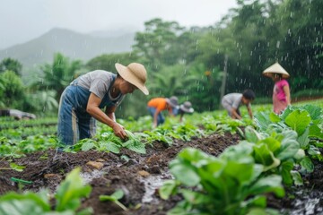 Fototapeta premium Family Harvesting Organic Vegetables in the Rain