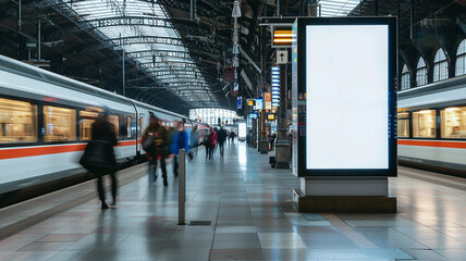 Mock up. Vertical advertising billboard, lightbox with empty digital screen on railway station. Blank white poster advertising, public information board stands at station in front of people and train