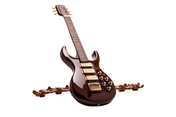 Obraz premium Melodic Beauty: A Dazzling Electric Guitar Resting on a Luxurious Stand on Transparent PNG Background...