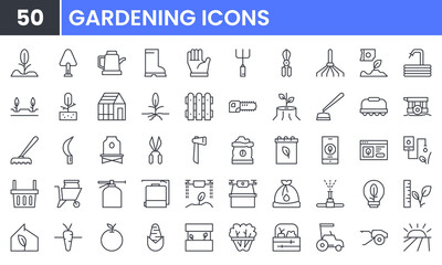 Garden and agriculture vector line icon set. Contain linear outline icons like plant, soil, harvest, growth, botany, farming, horticulture, fertilizer, seed, sprout, organic. Editable use and stroke.