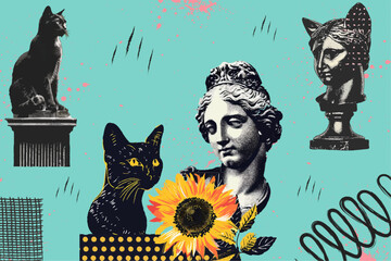 Antique aesthetics statues and cats in sunglasses. With monochrome vintage photocopy effect, y2k collage. Stipple halftone retro design elements. Vector illustration for grunge punk surreal poster. © Oksana Kalashnykova