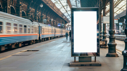 Mock up. Vertical advertising billboard, lightbox with empty digital screen on railway station. Blank white poster advertising, public information board stands at station in front of people and train