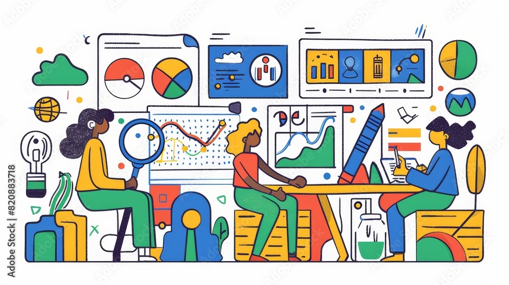 Poster Analyze the data on dashboard with graphs and charts. Modern doodle icons of statistical analysis, database work and information reports with diagrams and magnifying glasses.