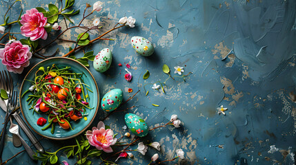 Tasty dishes and painted eggs for Easter dinner 