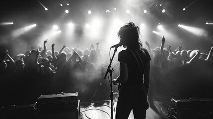A monochrome black and white shot of a rock performer singing intensely on stage with a blurred drummer in the background, showcasing the energy of live music