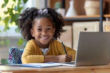 Fototapeta premium Smart small African girl sit at table with laptop studying at home. 6s child write exercise book prepare homework for school. Little kid handwritten in notebook do task assignment. Learning, education