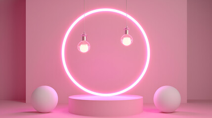 Obraz premium Minimal stage with podium and light circle pink background, Cosmetic pink background and premium podium display for product presentation branding and packaging presentation