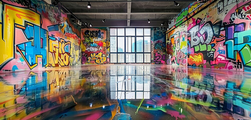 Photo studio room with a vibrant graffiti art background, bold and colorful.