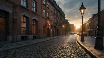 A serene sunset bathes a deserted cobblestone street lined with old buildings, creating a tranquil...