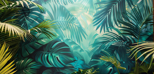 Photo studio room with a vibrant, tropical-themed background featuring palm leaves.