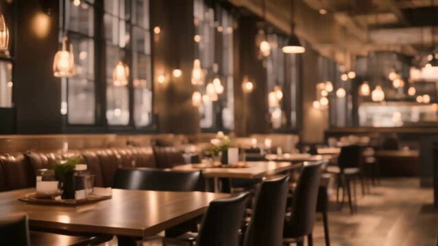 Empty Modern Restaurant Interior with Dark Walls and Warm Lighting