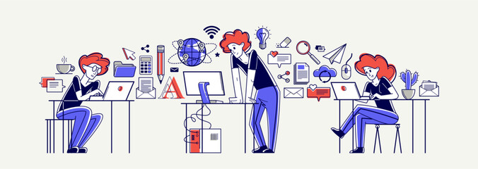 Working online team doing some creative job vector outline illustration, remote virtual working freelancers or a part of coworking team.