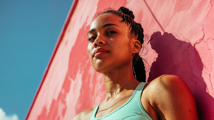 A young black woman in sportswear stands against the background of a pink wall after playing sports and jogging.