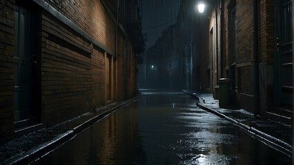 Fototapeta premium Rainy nocturnal scene in a narrow alley with glowing street lights and wet brick buildings