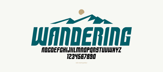 Geometric italic bold elegant sans serif typeface, vector thick minimal simple minimal font, retro poster and advertising letters and numbers alphabet for logos headers or slogans.