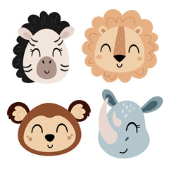 Jungle animal clipart. Animal faces clipart. Safari animal head clip art in cartoon flat style. Hand drawn vector illustration.