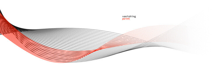 Wave of flowing vanishing particles vector abstract background, red and black curvy lines dots in motion relaxing illustration, smoke like image.