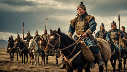 Mongolian warriors of the Golden Horde on the Asian plain. AI generated illustration. 