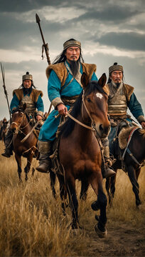 Mongolian warriors of the Golden Horde on the Asian plain. AI generated illustration. 