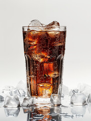 Glass of Cola with Bubbles and Ice Cubes