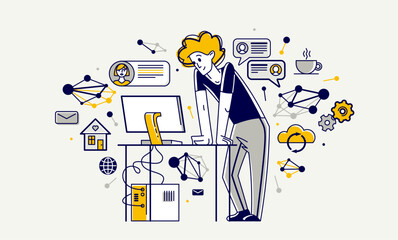 Freelancer working from home vector outline illustration, self-employed person busy with online work, professional doing some creative job on internet.